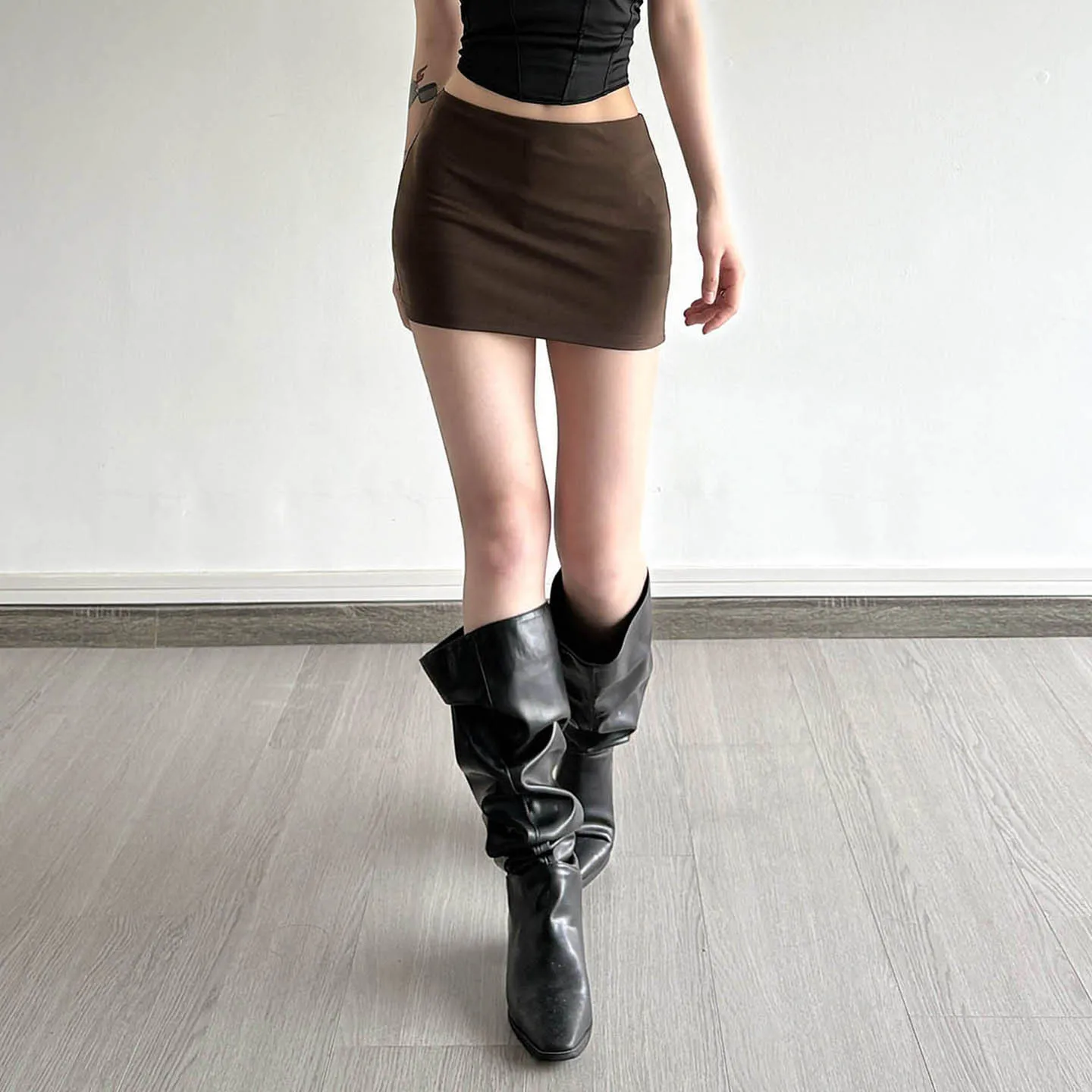 American spice girl wind solid color foundation one-piece low-waisted skirt with lining anti-exposure slim hip skirt female