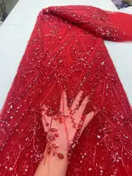 Red African Groom Lace Fabric 2024 French Net Sequins Fabric Sewing Embroidery Lace Tulle Mesh Nigerian Party Dresses 5 Yards