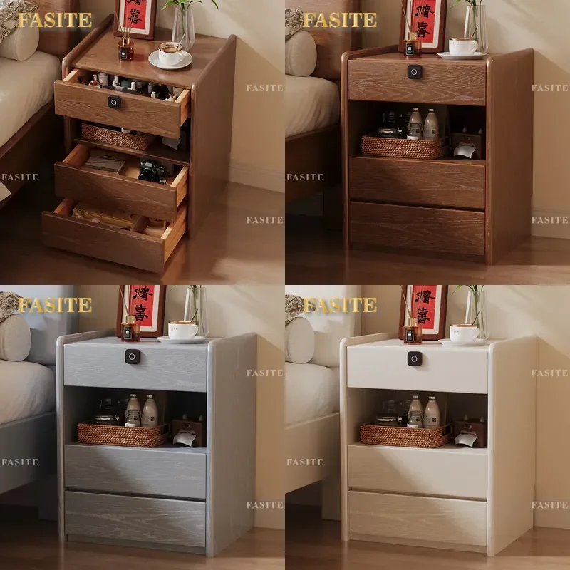For Solid Wood Smart Bedside Table Modern Simple Bedroom Nightstand with Fingerprint Lock Small Safe Cabinet Home Furniture
