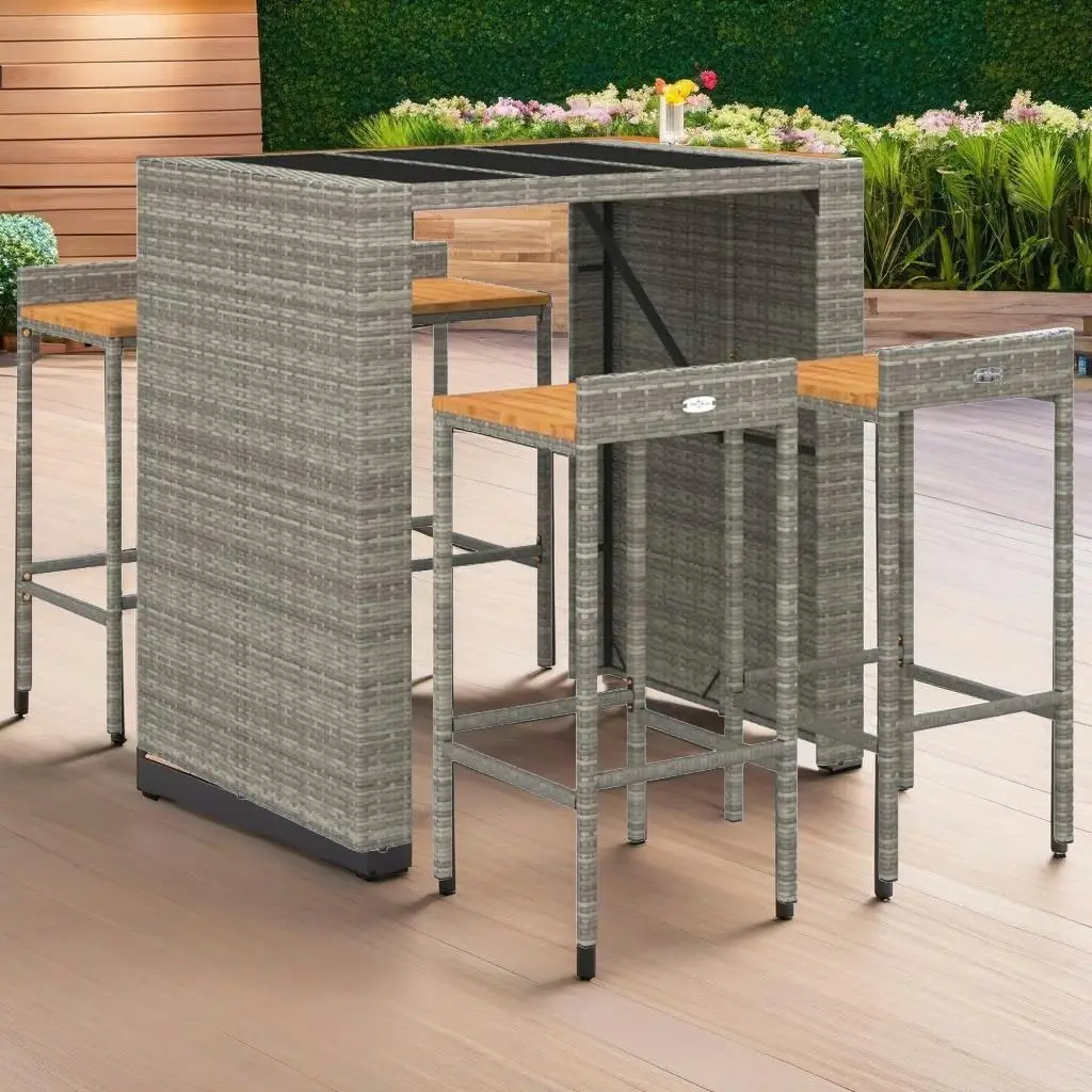 5-Piece Patio Bar Set - Gray Poly Rattan & Solid Acacia Wood Furniture