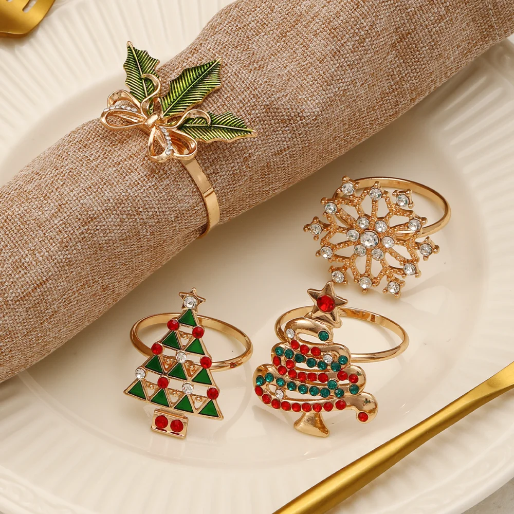 

Christmas Tree Napkin Rings Christmas Deer Garland Bell Cane Snowflake Metal Napkin Buckle Tissue Ring Home Table Decoration