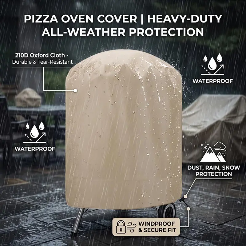 Outdoor Round BBQ Stove Cover,210D Oxford Cloth Beige Courtyard BBQ Cover Waterproof and Dustproof Fire Pit Stove Furnace Cover