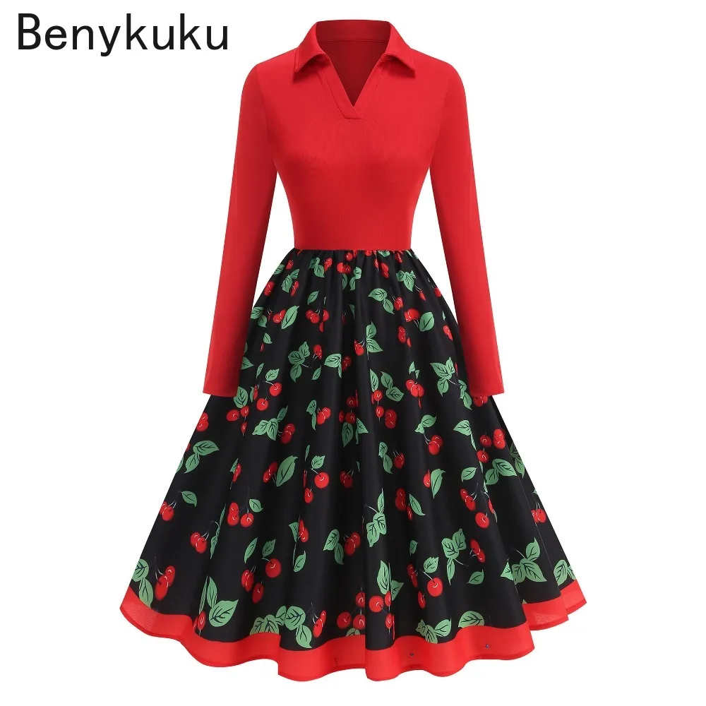 

Red Contrast Cherry Print Womens Long Sleeve Dress 2025 Spring Summer Clothes Women V Neck Elegant Vintage Swing Dress Vestidos