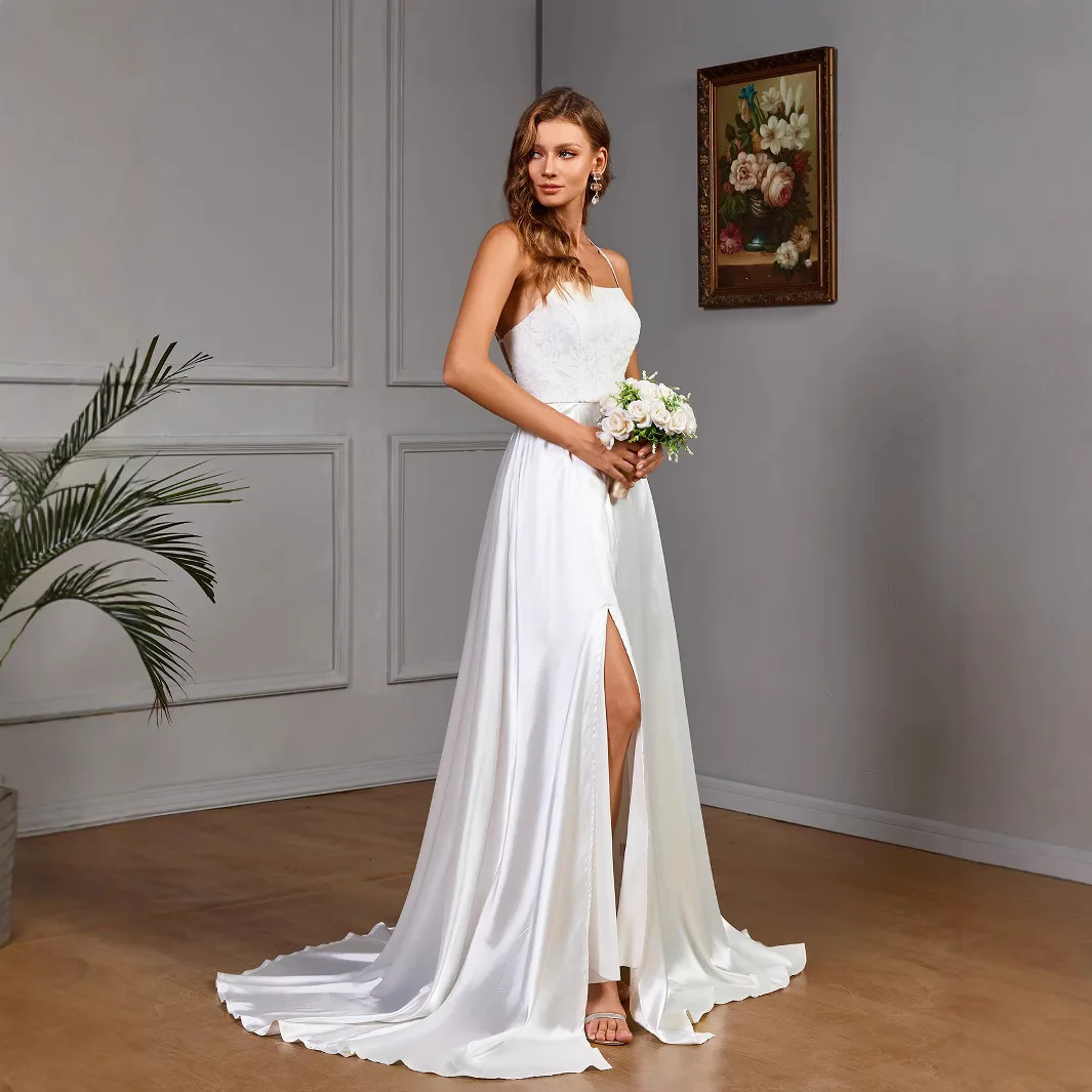 새로운 여성용 민소매 멜빵 화이트 스트랩리스 새틴 민소매 웨딩 드레스 Y2k 2025 여름 드레스 로브 베스티도 여성 우아한