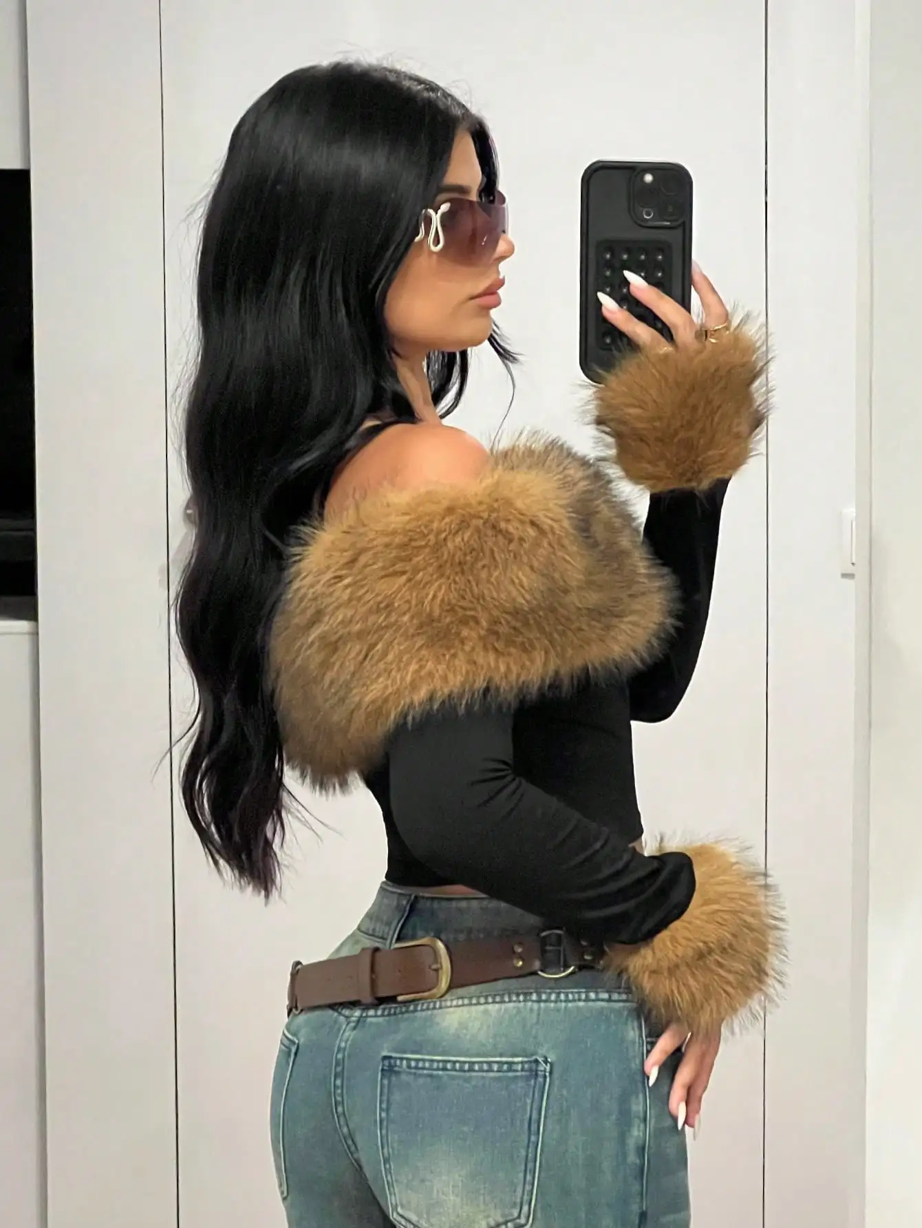 

Off-Shoulder Long Sleeve Top with Fuzzy Trim, Fitted Solid Color