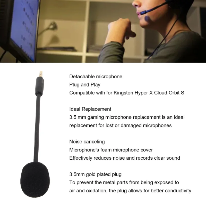 3.5mm Microphone Replacement Noise Reduced Game Microphone With Removable Mic Arm For Kingston Hyper X Cloud Orbit S