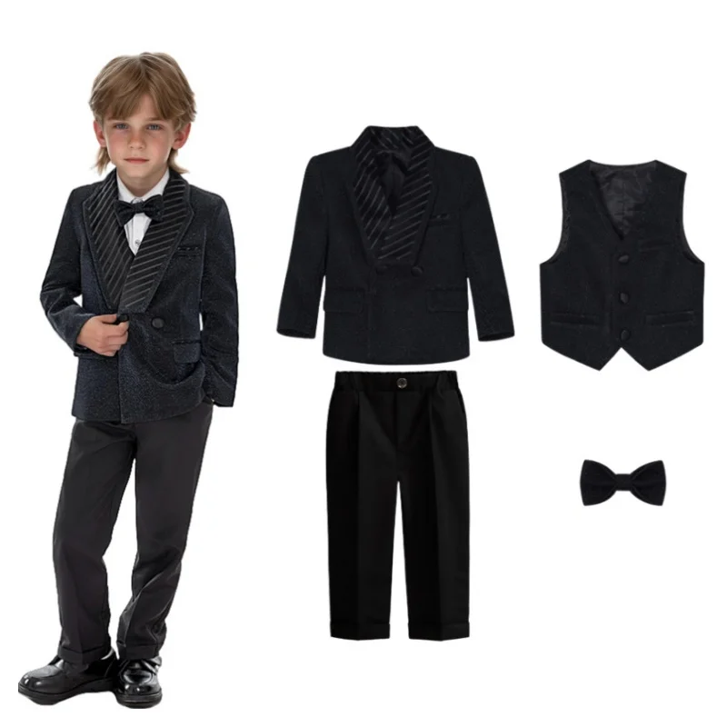 

Boys Slim Fit Black Blazer Vest Pants Bowtie Formal Suit Set Boy Piano Host Performance Birthday Photography Costume