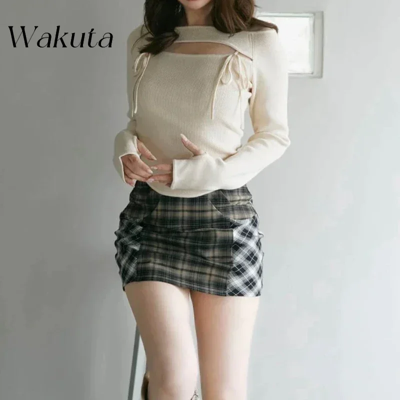 WAKUTA Bandage Knitted Ropa Mujer Sexy Hollow Out 2025 Woman Sweaters Long Sleeve Outerwears Pullovers Spring Female Clothing