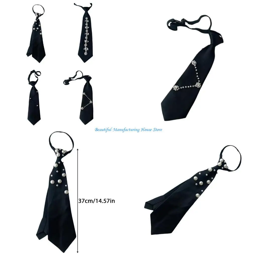 E56A Uniform Black Ties for Senior High School Uniform Pre-tied Pearls Accessories