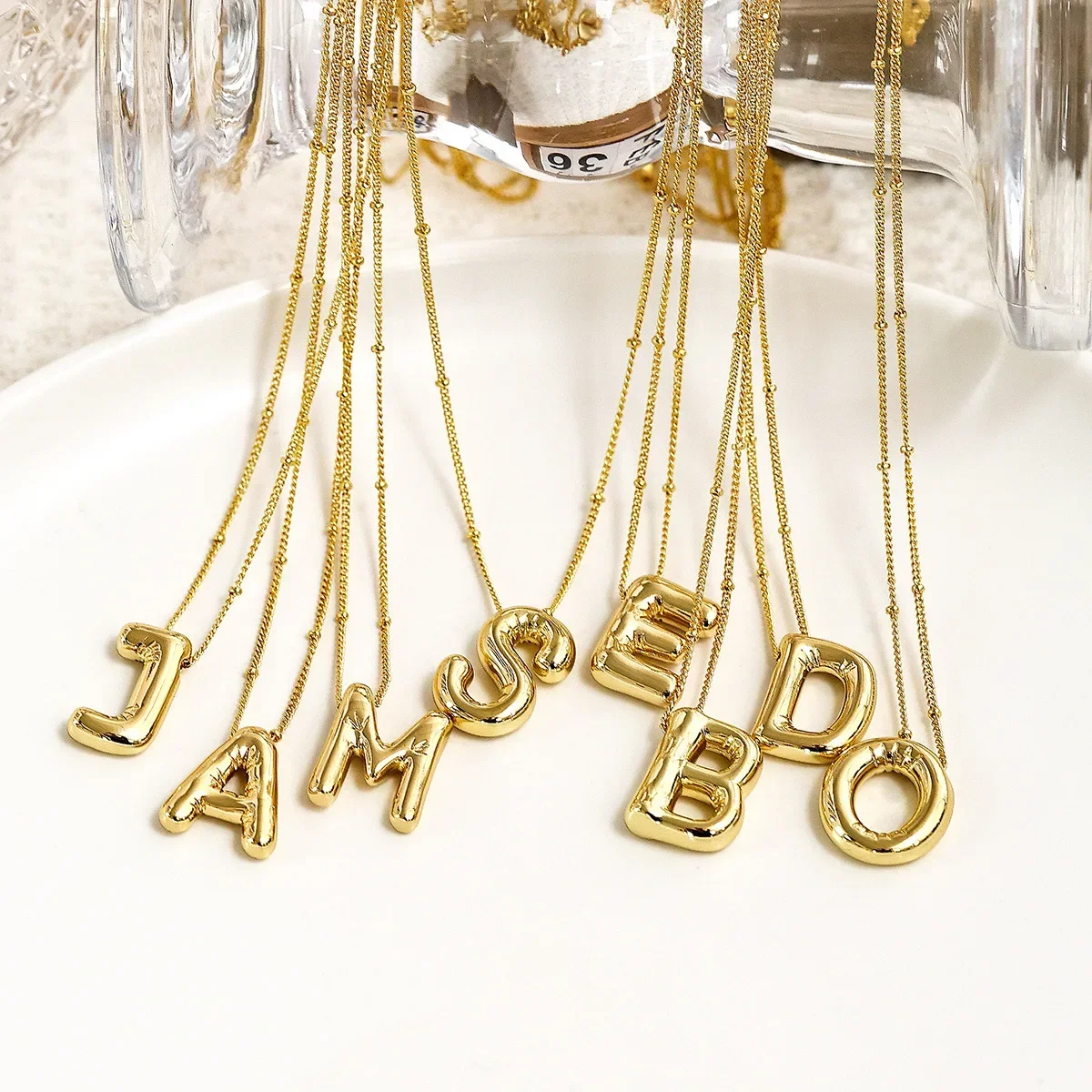 Gold Plated Copper Chunky Alphabet Balloon Bubble Initial Letter Pendant Necklace for Women Men Boy Personalized Fashion Jewelry