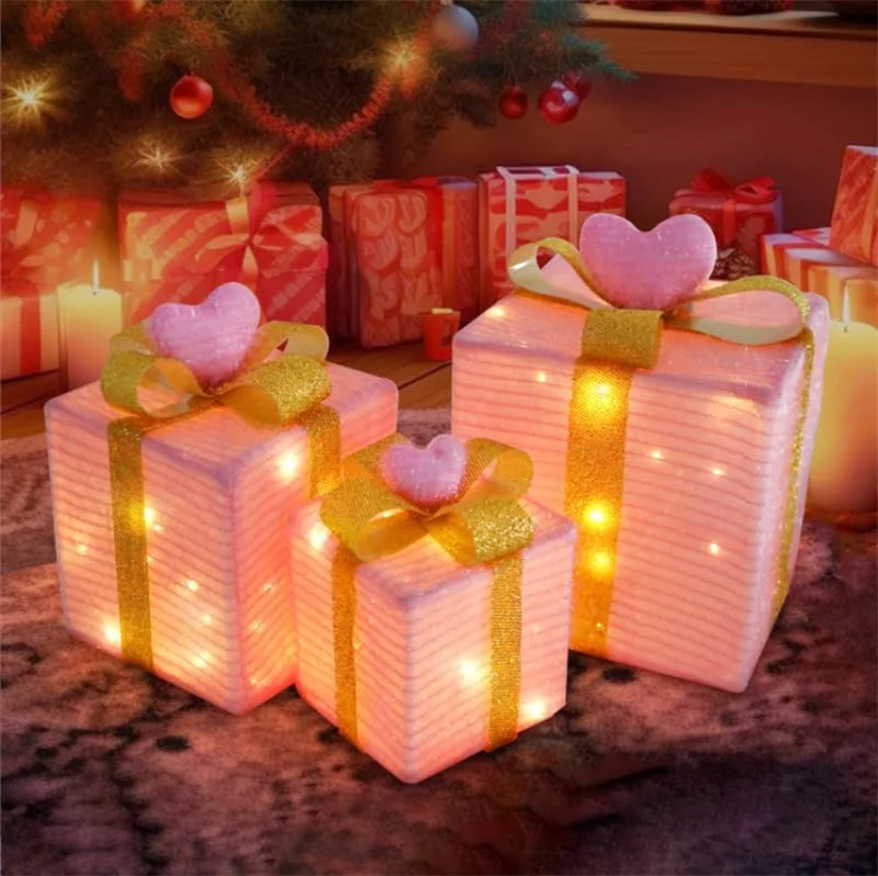 3 упаковки рождественских украшений, рождественские подарочные коробки с подсветкой и розовыми сердечками, красный блестящий бант, подарочная коробка, розовая для декора комнаты, подарки