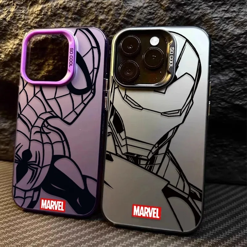 حافظة لهاتف آيفون 16E 11 12 16 15 14 13 Pro Max XS X XR Plus 8 7 SE 2020 Spider Marvel Spiderman Ironman PC Cover