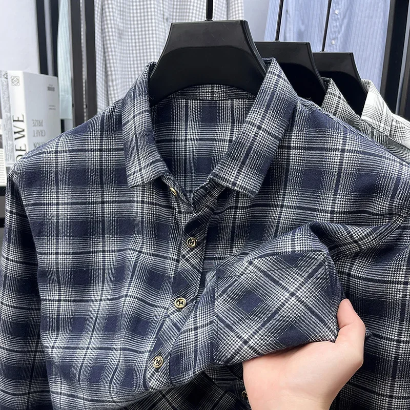 Mens Plaid Button Up Long Sleeve Shirt Casual Regular Fit Lapel Collar With Pocket Soft Breathable For Business Weekend Wear