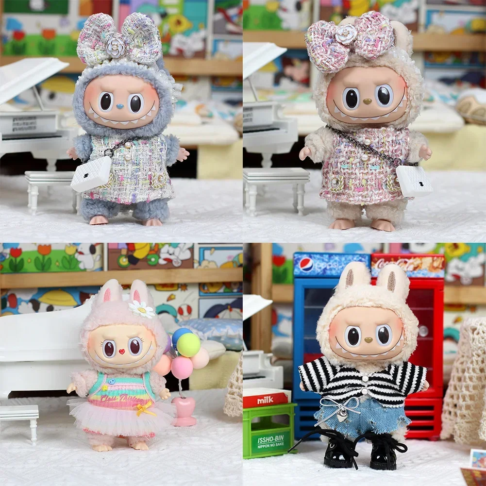 Mini ropa de muñeca de peluche de 17cm, accesorios de atuendo para Corea Kpop Exo Labubu Idol, camisa de flores, chaqueta de cuero, falda, regalo de ropa