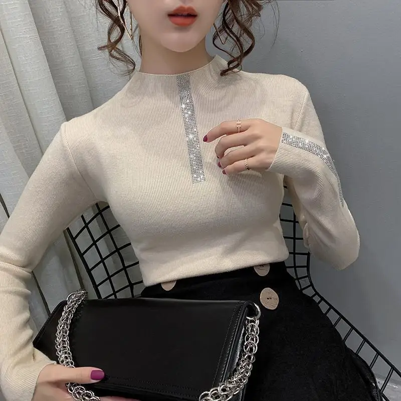 Autumn and Winter Women\'s Pullover Half High Neck Long Sleeve Solid Diamonds Skinny Slim Sexy Fashion Casual Knitted Bottom Tops