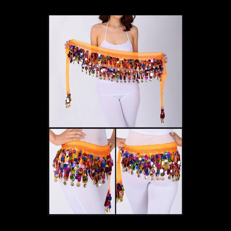 MXMB Shimmering Tassels Belly Dancing Hip Scarf Dance Skirt Wrap Colorful Sequins