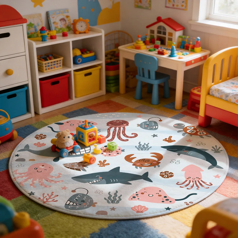 Cute Ocean Animal Round Area Rug for Nursery Kids Playroom Bathroom Decor Sea Life Theme Mat