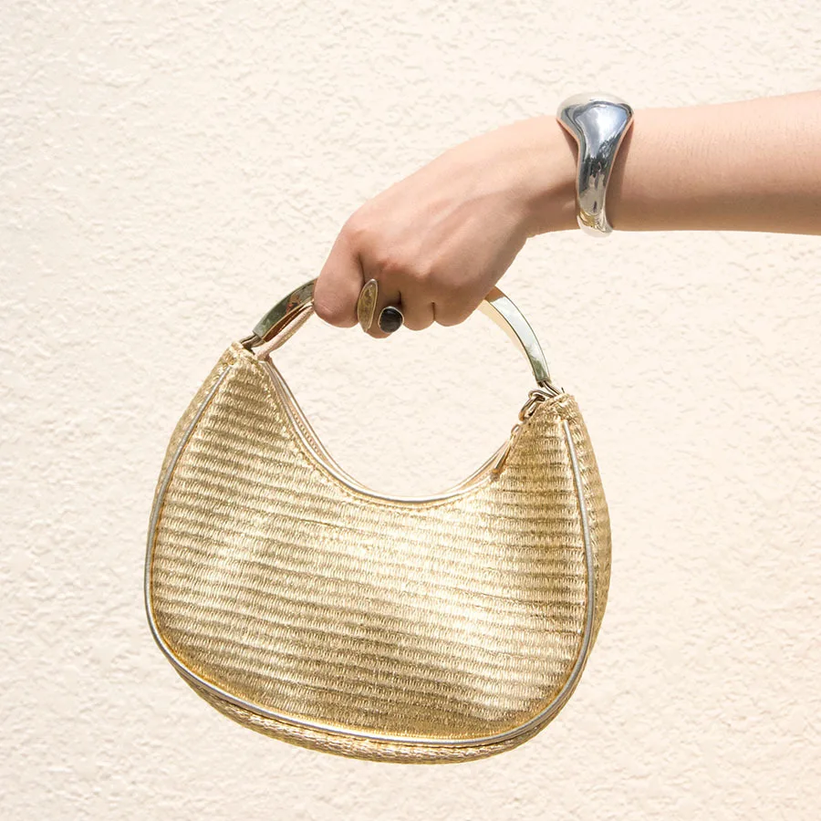 French light and mature wind weaving crescent handbag texture metal ring handle gentle atmosphere handbag