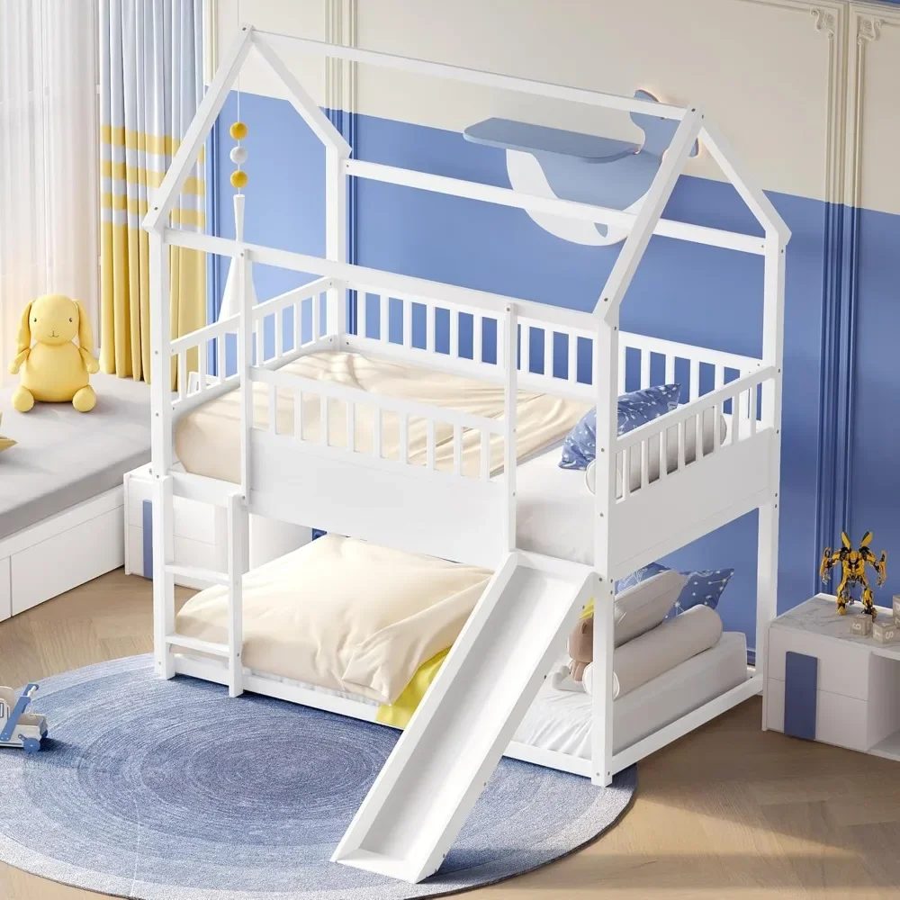 Twin Over Twin Low Bunk Bed with Convertible Slide and Ladder House Roof Design Kids Bed Frame Floor Bunk Bed