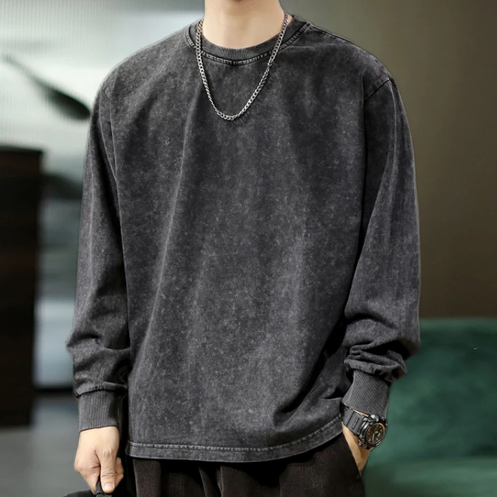 240G Heavy Washed-out Vintage Pure 100% Cotton Long-Sleeve T-shirt Men and Women Loose Spring and Autumn round Neck Sweater