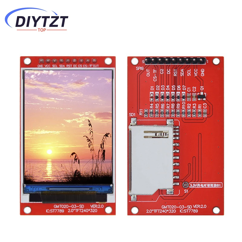 DIYTZT 2,0 inch TFT-scherm ST7789V Drive 240x320 Dot-Matrix SPI-interface voor Arduio Full Color LCD-displaymodule met SD-kaart