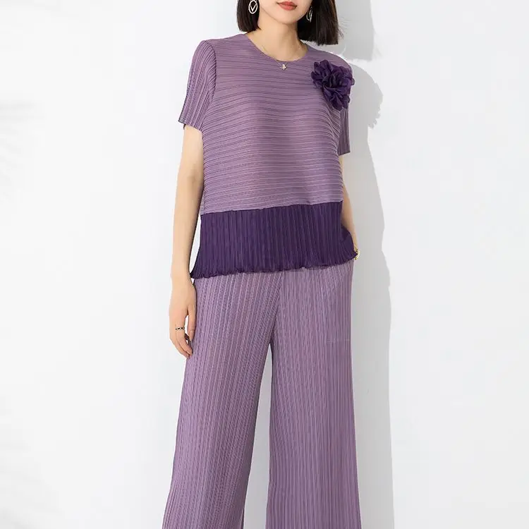 Miyake Pleated Fashion Set Two-Piece Women 2023 Summer New Contrast Color Pullover Top High Waist Tight Edge Straight-Leg Pants