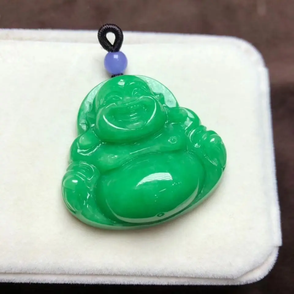 Natural Bashan Full Green Jade Maitreya Buddha Yang Laughing Buddha Pendant