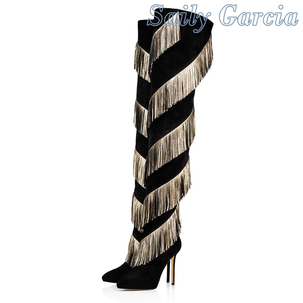 

Unique Black Suede Gold PU Fringe Boots With Stiletto Heels Over the Knee Slip-on Winter Pointed Toe Mixed Colors Shoes