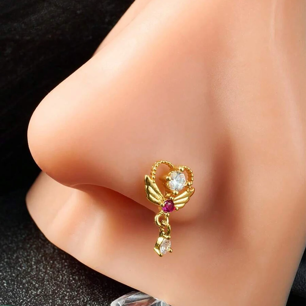 20G Nose Rings Stud, Stainless Steel L Shape Dangling Nose Piercing Jewelry, Flower Butterfly Moon Star CZ Cute Nose Piercing view 2
