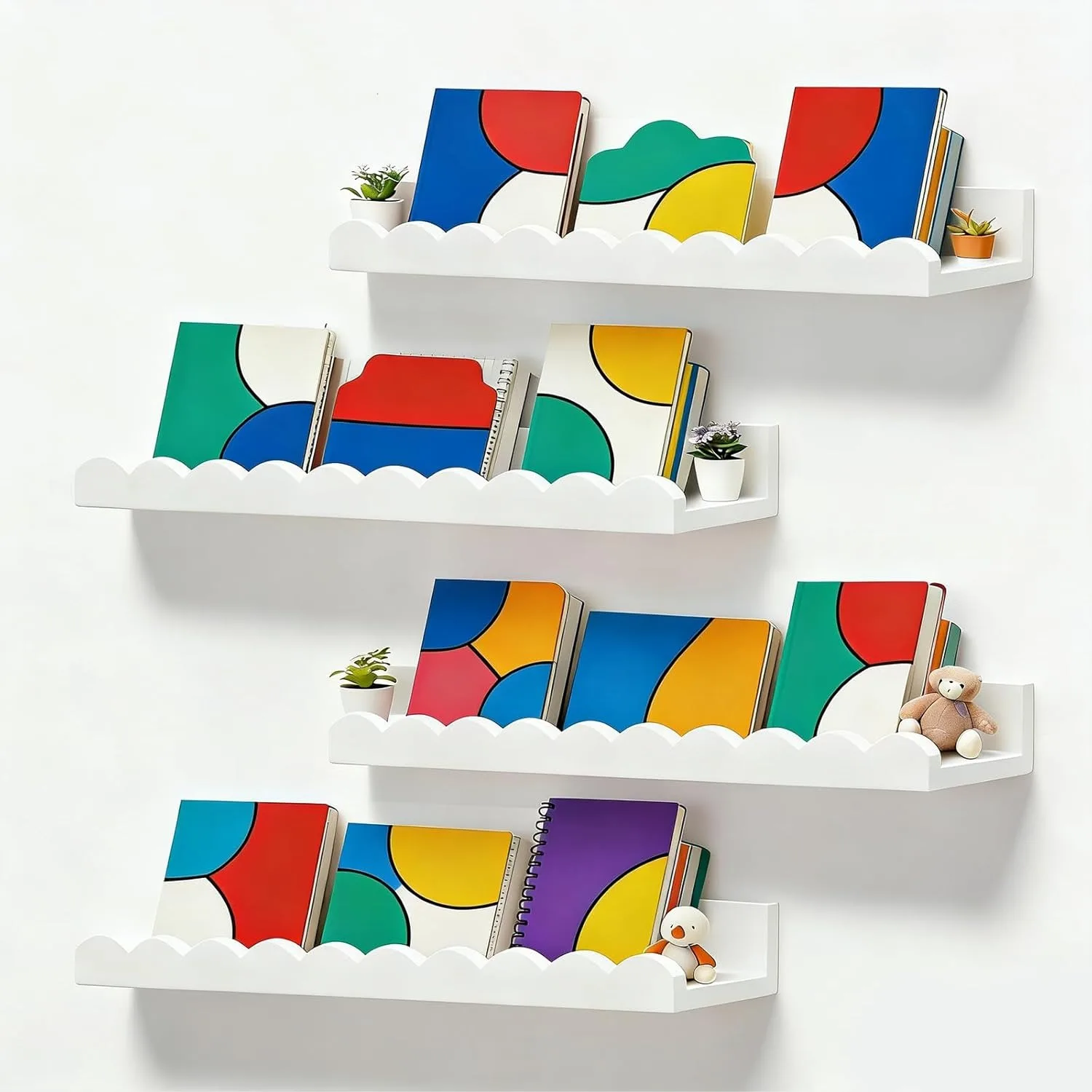 

Set Of 4 Floating Book Shelves For Nursery Wall, Scalloped White Bookshelf For Bedroom, Toddler Room Decor