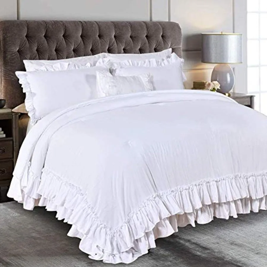 

White Farmhouse Ruffled Comforter Set King Size Shabby Boho Chic White Bedding Comforter King Lightweight Fluffy Ultra Soft Mic