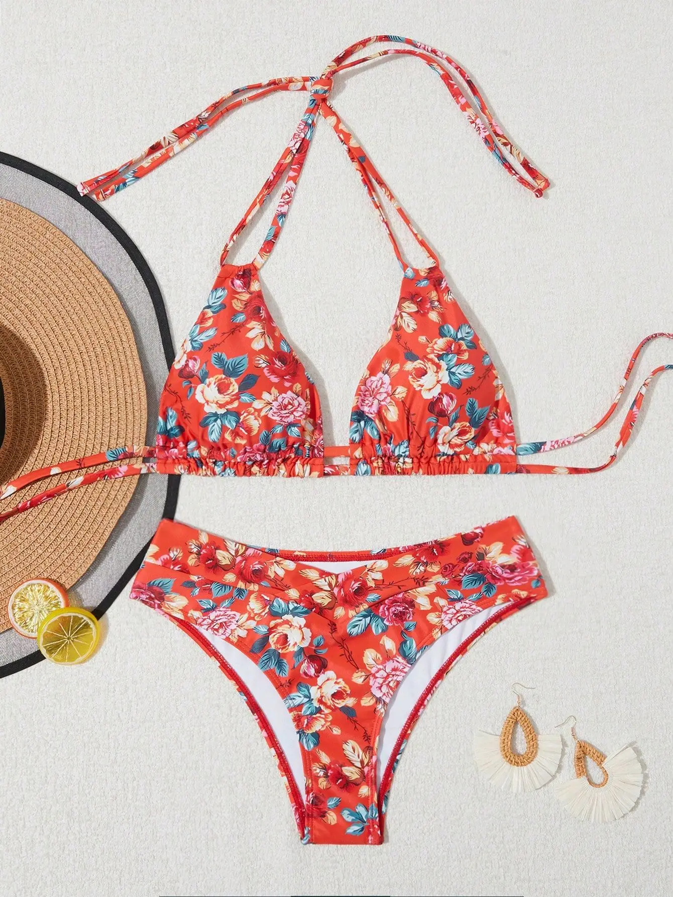 

2026 New Red Flower Print 2 Piece Swimsuit for Women High Waist Triangle Halter Backless Bikini Set Beach Vacation Bathing Suit