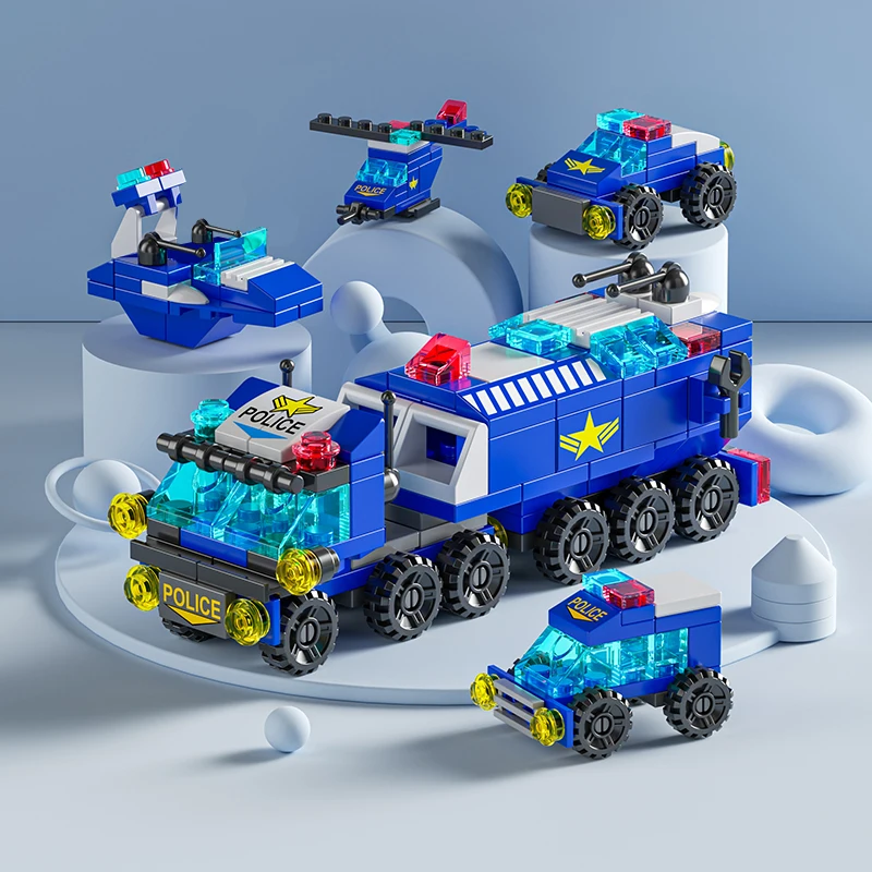 6IN1 Building Blocks Police Truck Engineering Crane City Fire Car Helicopter Tank Bricks Set Toys for Children Kids Gift