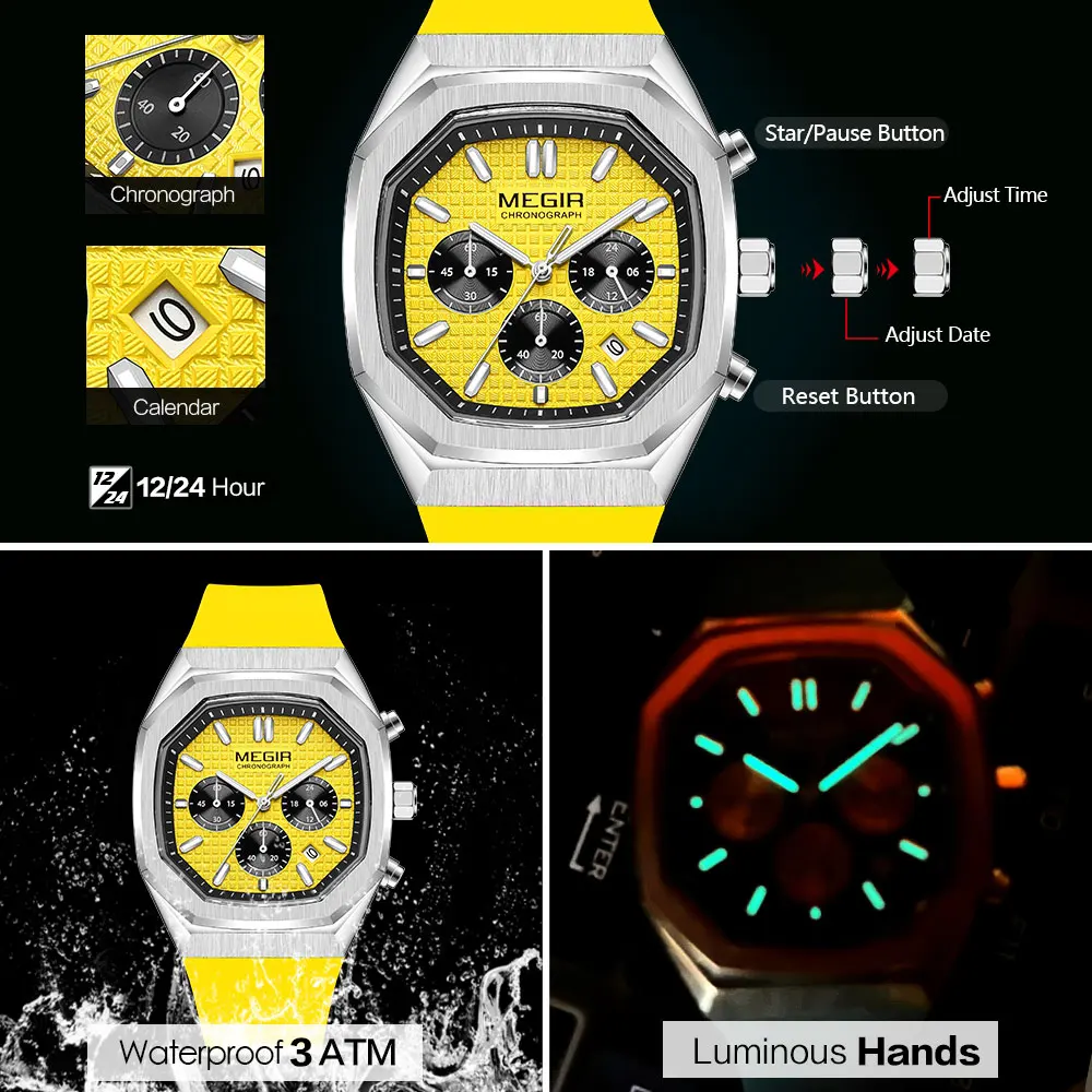 MEGIR Yellow Sport Watch Men Military Sport Chronograph Quartz Wristwatch with Date Octagon Dial Luminous Hands Silicone Strap