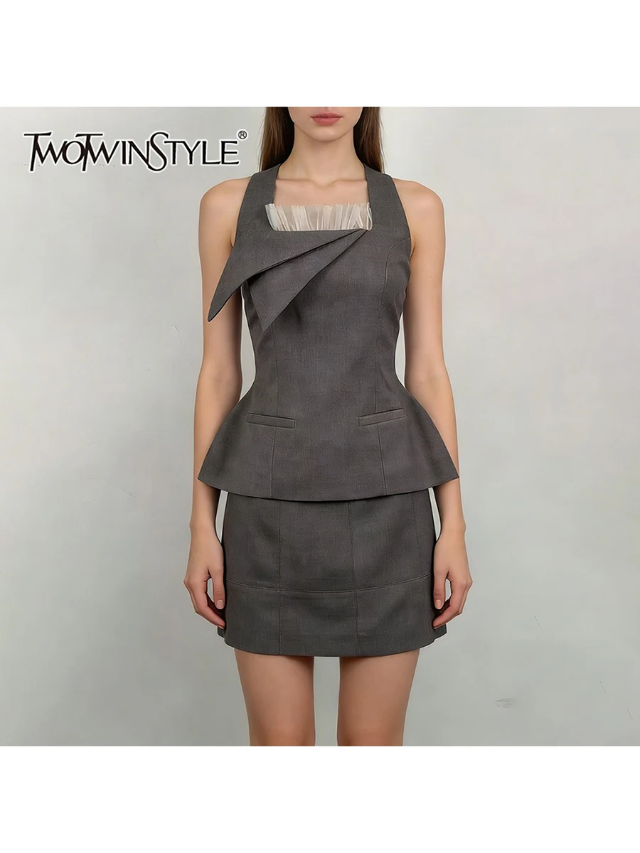 

TWOTWINSTYLE Minimalist Premium Two Piece Set for Women Halter Sleeveless Tunic Spliced Mesh Top High Waist Skirt Sets Female