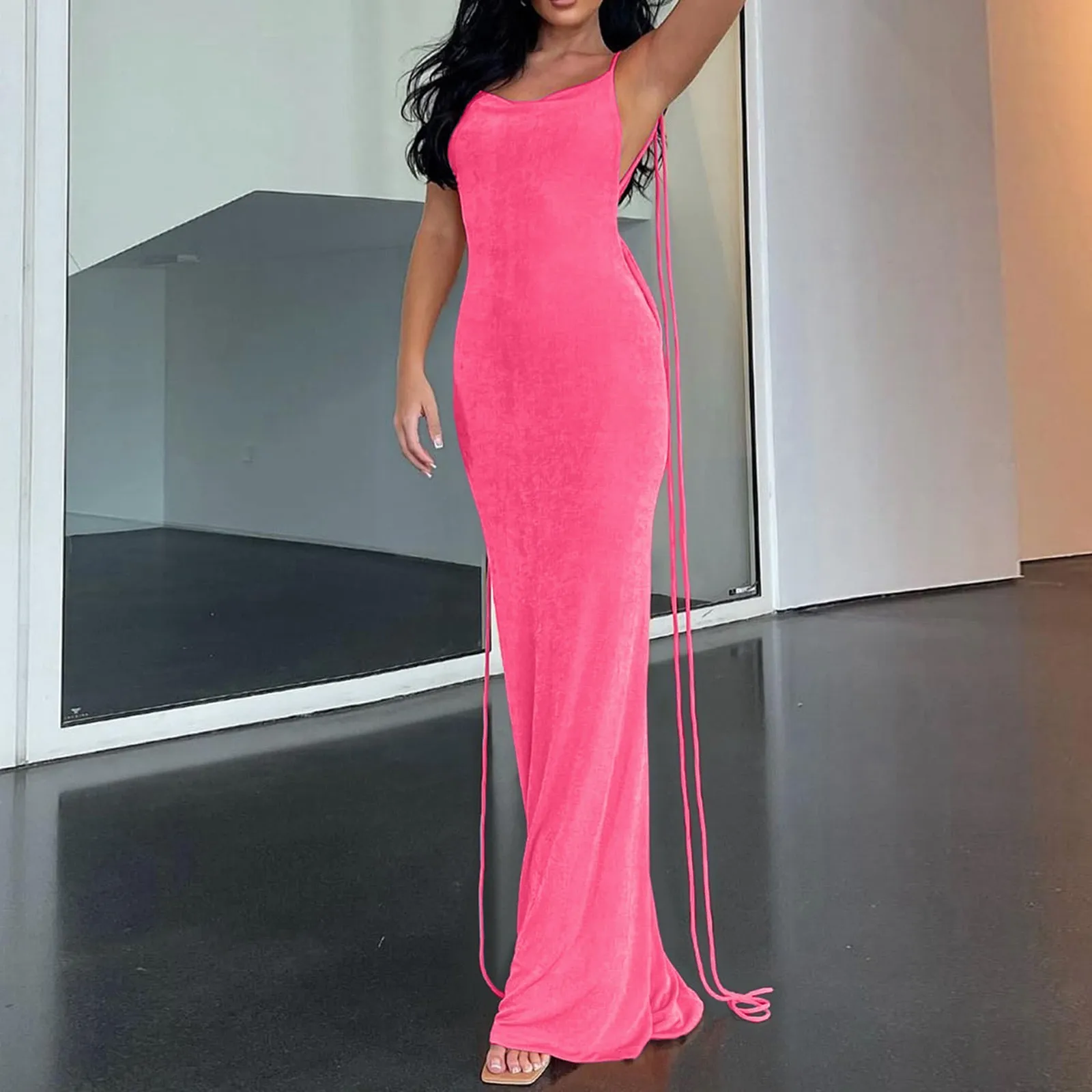 

Women Summer Bodycon Open Back Dress Fashion Solid Color Halter Neck Sleeveless Wrap Long Dress Drawstrings Elegant Swing Dress