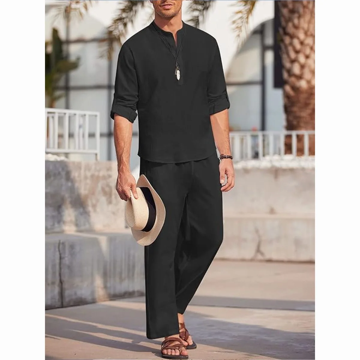 Casual Cotton Linen Men's Long Sleeve Shirt Set Two Pieces Pure Color Loose Fit Breathable Summer Fashion American Style