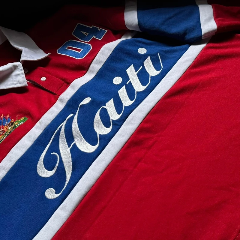 Polo Vintage Y2K de Manga Larga con Bordado Haitiano a Rayas en Contraste, Estilo Rugby, Ropa Urbana Oversize para Hombre y Mujer