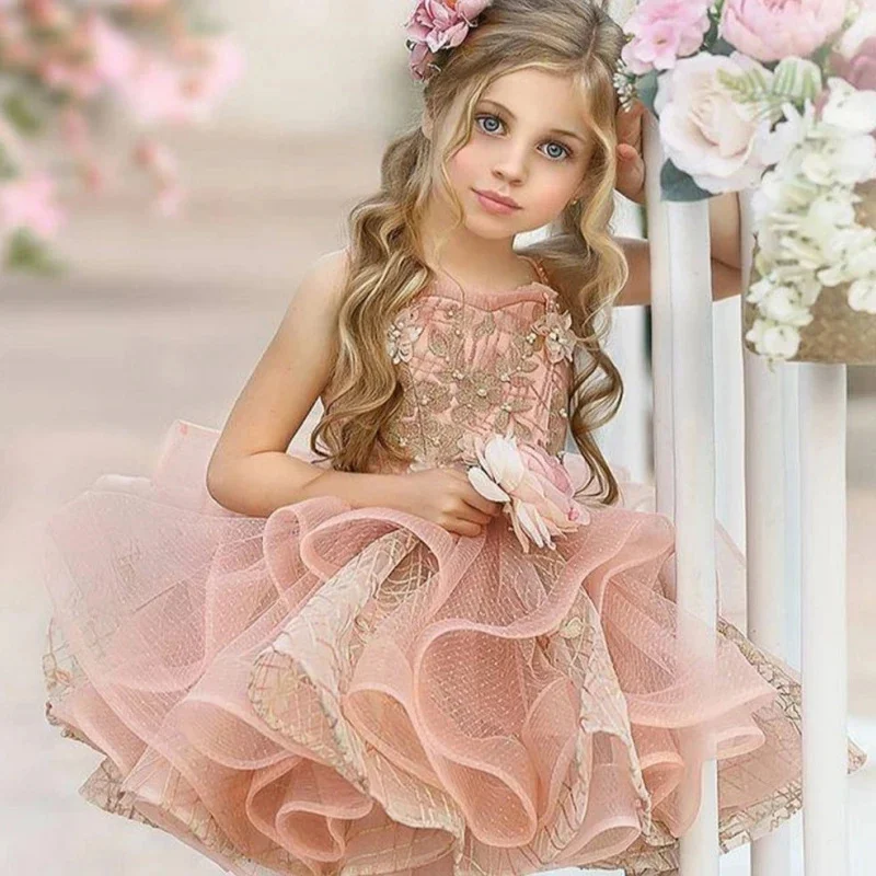 Pink Applique Flower Girl Dress For Wedding Sleeveless Puffy Layered Knee Length Princess Birthday Party First Communion Gowns