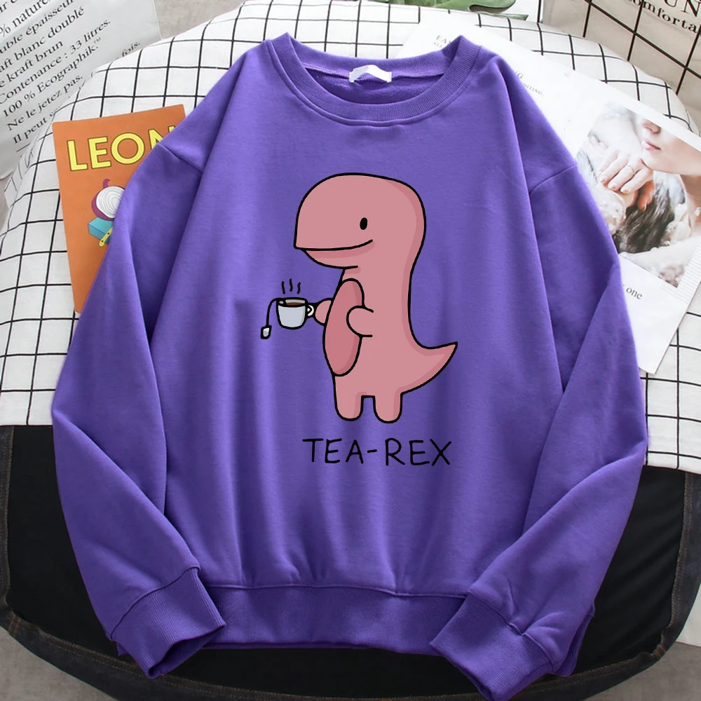 Autumn Funny Sweatshirts For Women Funny Dinosaur Drink Coffee Printing Hoodies Fleece Soft Pullovers Loose Warm Ladies Clothing