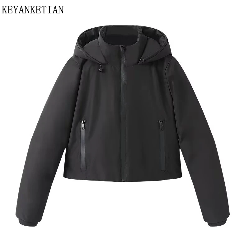 

KEYANKETIAN Winter New Women's Hooded Drawstring Placket Zipper Tape Decoration Warm Short Cotton Jacket Women Coat