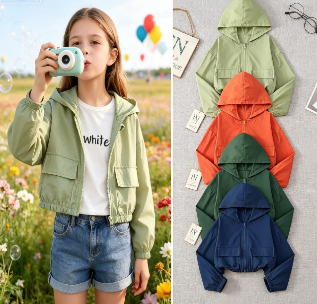 New Girls Sun Protection Hooded Zipper Jacket Casual Style | Factory Direct