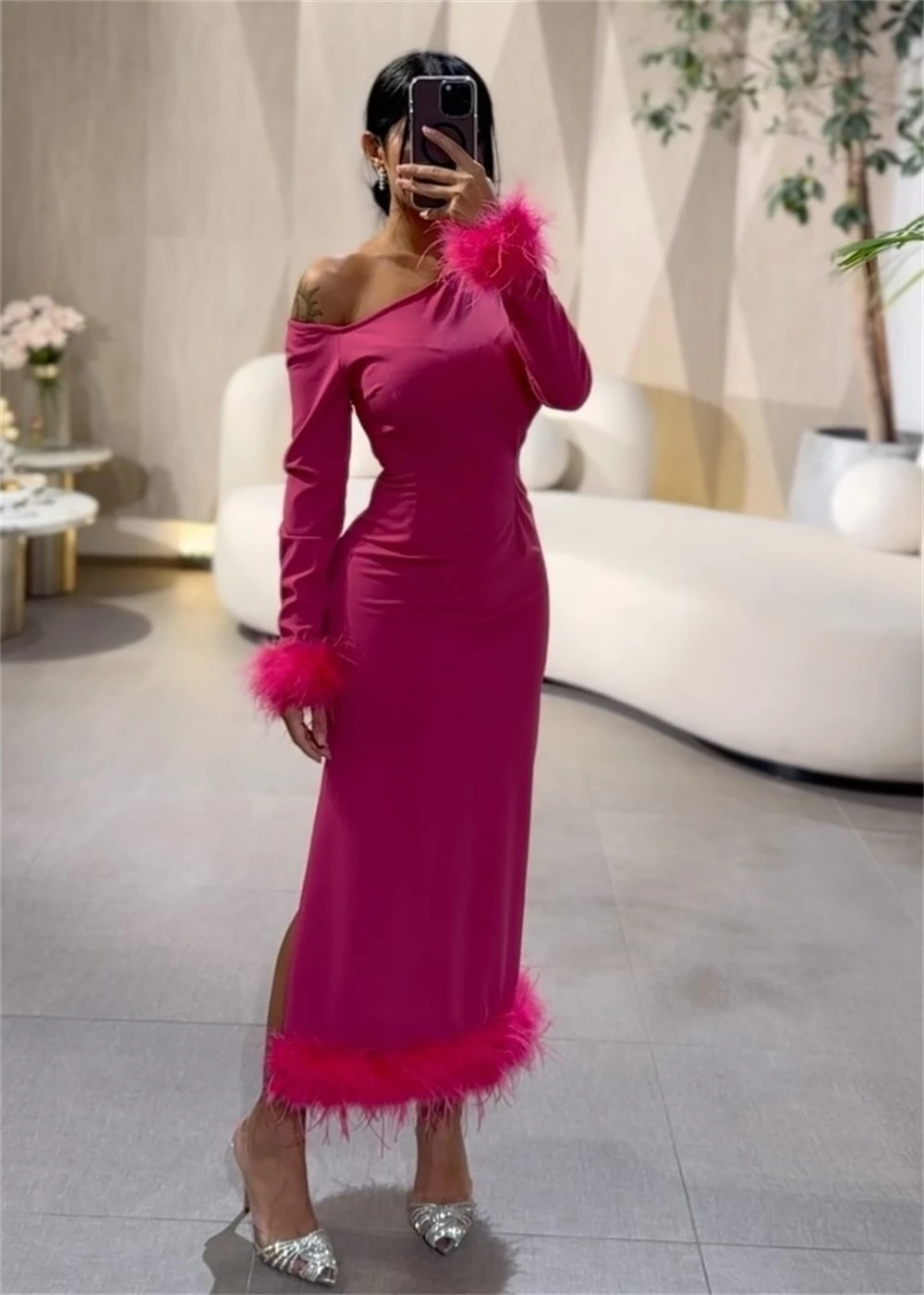 Ballkleid Saudi-Arabien Satin Feder Abschluss ball A-Linie One-Shoulder maßge schneiderte Anlass Kleid Anke Länge