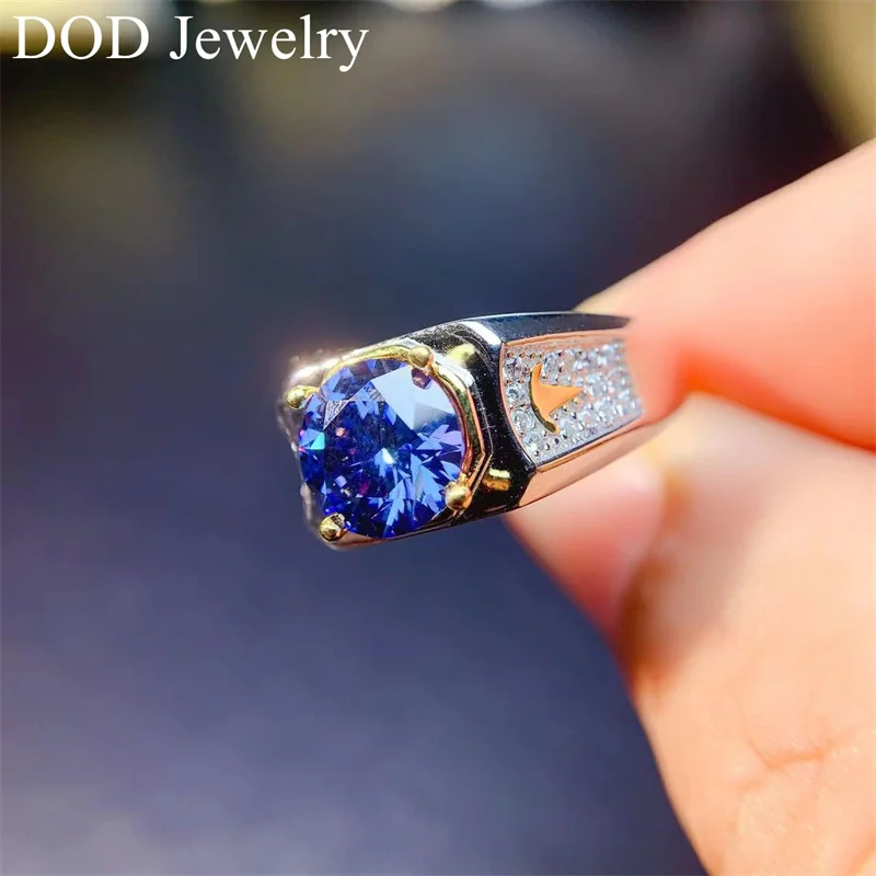 2CT Royal Blue Color Moissanite Diamond Ring for Men 925 Sterling Silver Moissanite Gemstone Wedding Ring Wholesale Gift