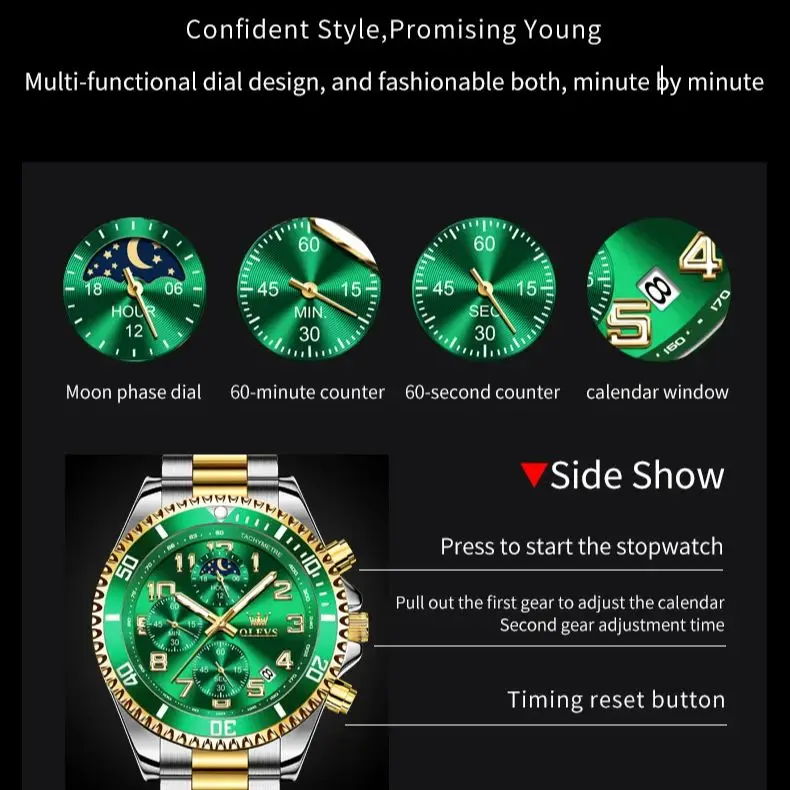 OLEVS Men\'s Watches Classic Multifunctional Chronograph Original Quartz Wristwatch Moon Phase 24 Hour Waterproof Watches Man NEW