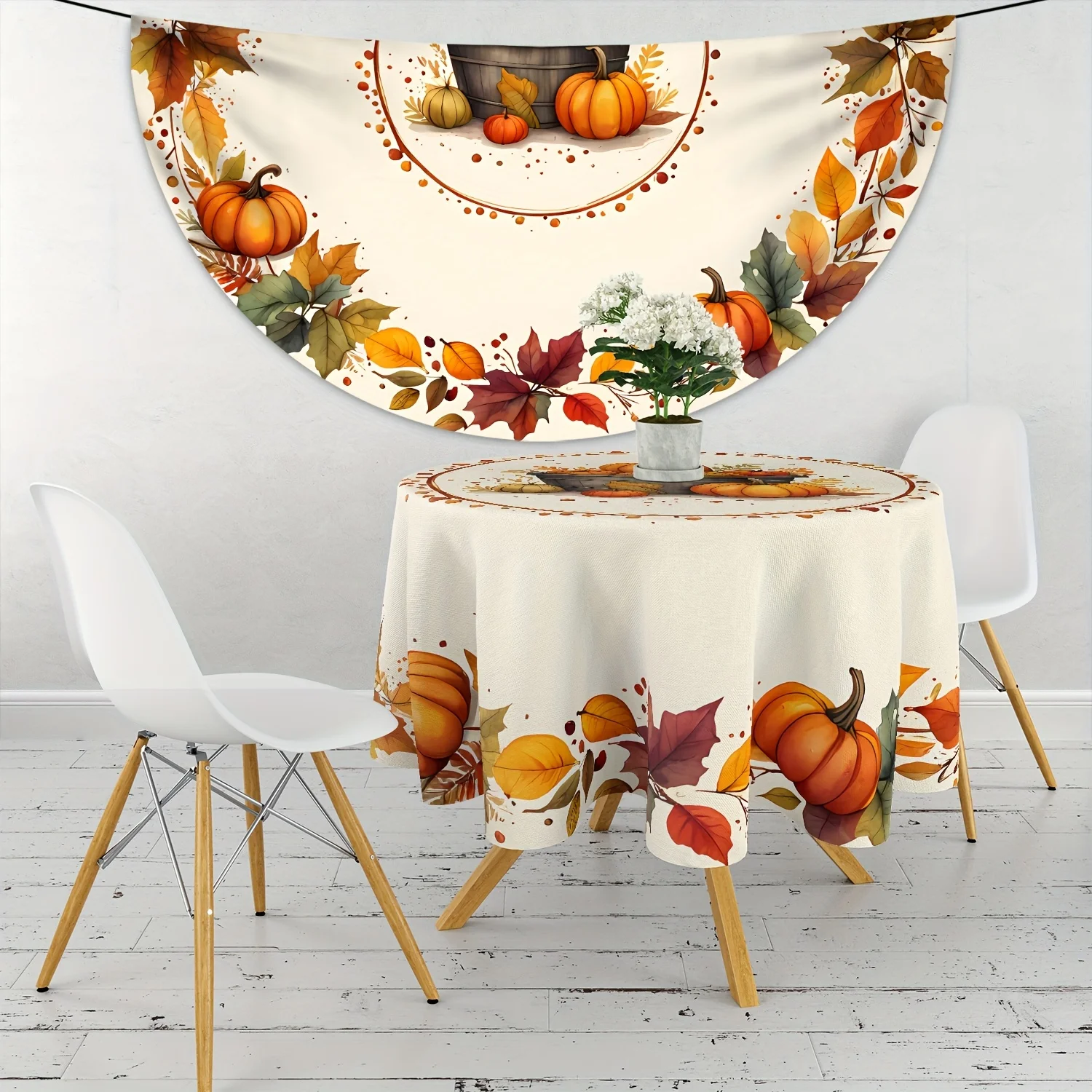 One high-quality 63-inch round tablecloth - Autumn pumpkin and maple leaf patternzyc