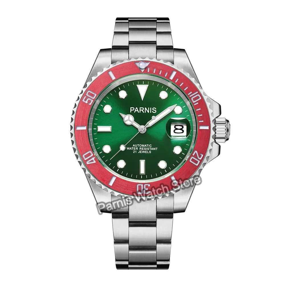 Parnis 40mm Sapphire Glass Automatic Green Dial Luminous Marker Carbon FiberBezel Men Boy Luxury Watch