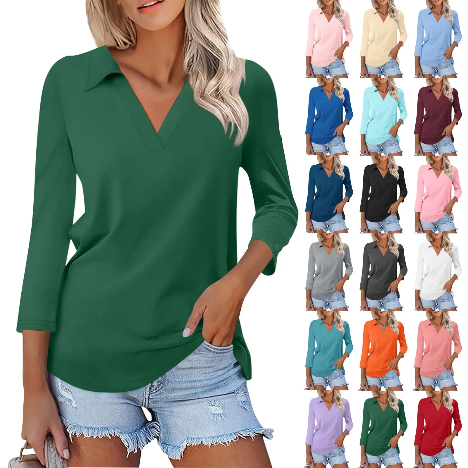 Elegant Women's T-Shirt Summer V-Neck Short Sleeve POLO Tee Casual Harajuku Solid T Shirt for Women Streetwear Pullover Tops New