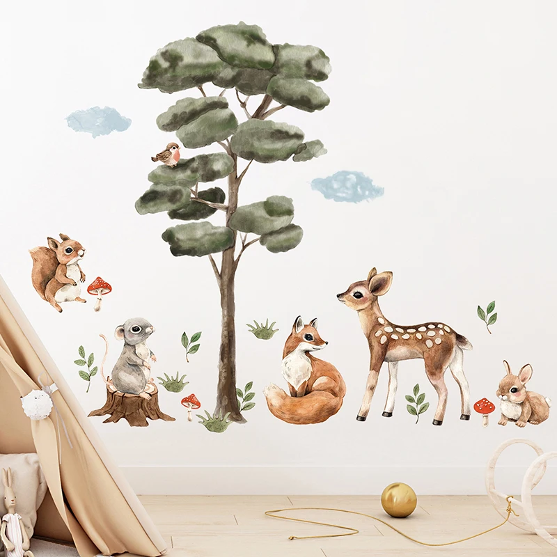 Watercolor Cartoon Tree and Forest Animals Deer Fox Bunny Wall Stickers for Kids Room Baby Nursery Room Wall Decals Home Decor