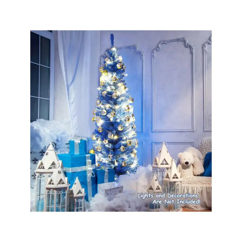 Pohon Natal Artifisial 6FT - 520 Ujung Cabang, Desain Pensil Biru, PVC Ramah Lingkungan, Penyangga Logam Tahan Lama untuk Dekorasi Liburan